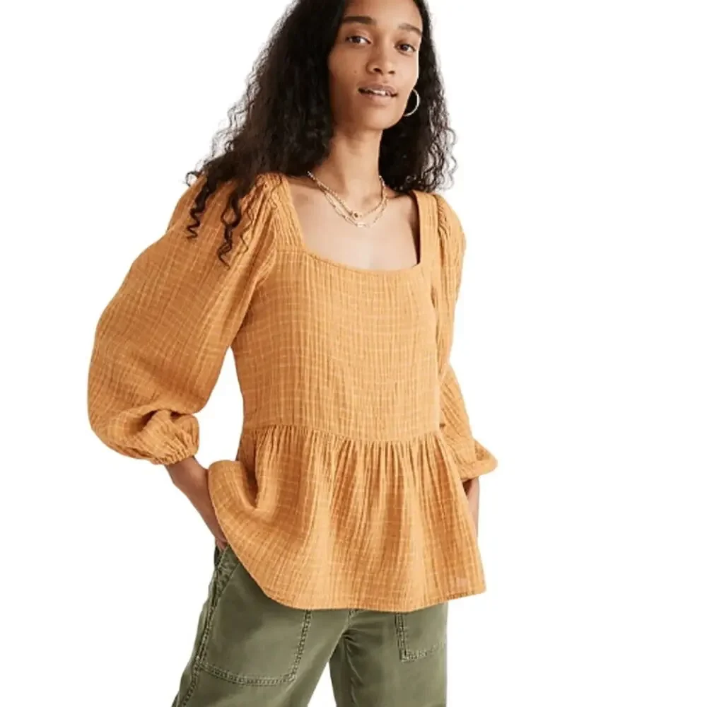Madewell Windowpane Lightspun Millbrook Puff-Sleeve Peplum Top XS